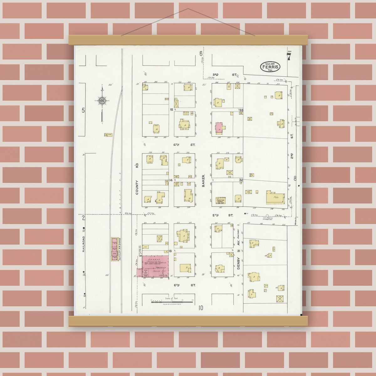 Old map wall art mockup — magnetic wood frame on brick wall — Sanborn Fire Insurance Map from Ferris, Ellis County, Texas (1921), Sheet #0007