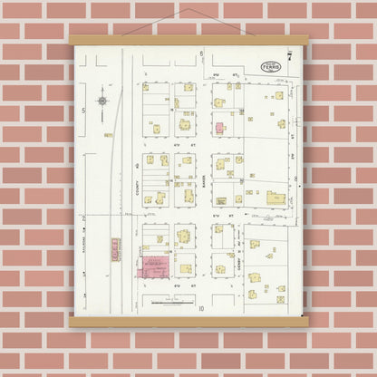Old map wall art mockup — magnetic wood frame on brick wall — Sanborn Fire Insurance Map from Ferris, Ellis County, Texas (1921), Sheet #0007