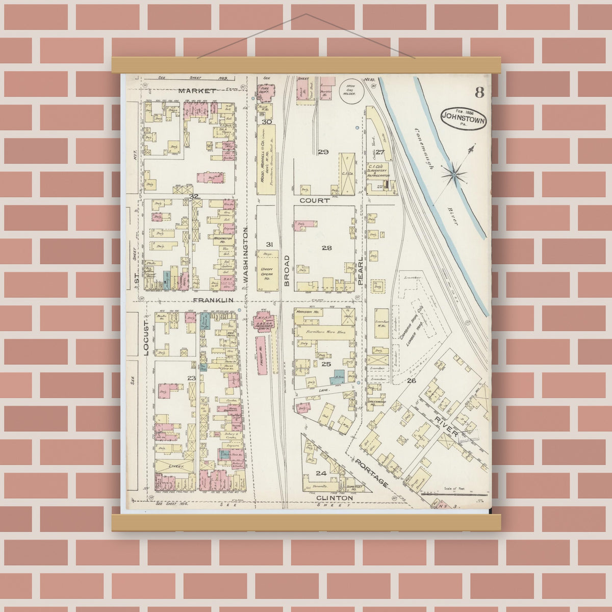 Old map wall art mockup — magnetic wood frame on brick wall — Sanborn Fire Insurance Map from Johnstown, Cambria County, Pennsylvania (1886), Sheet #0008