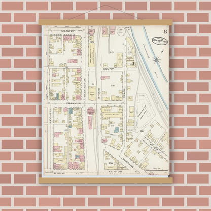 Old map wall art mockup — magnetic wood frame on brick wall — Sanborn Fire Insurance Map from Johnstown, Cambria County, Pennsylvania (1886), Sheet #0008