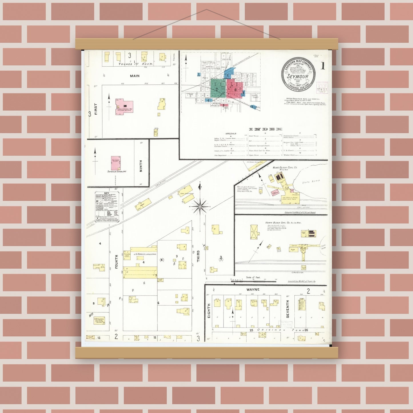 Old map wall art mockup — magnetic wood frame on brick wall — Sanborn Fire Insurance Map from Seymour, Wayne County, Iowa (1907), Sheet #0001