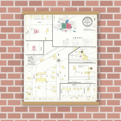 Old map wall art mockup — magnetic wood frame on brick wall — Sanborn Fire Insurance Map from Seymour, Wayne County, Iowa (1907), Sheet #0001