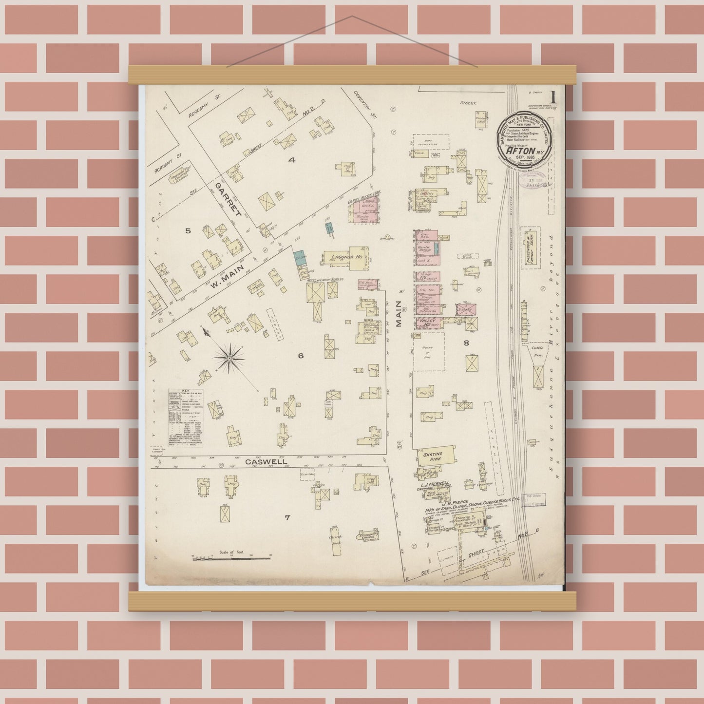 Old map wall art mockup — magnetic wood frame on brick wall — Sanborn Fire Insurance Map from Afton, Chenango County, New York (1885) - Complete Map Set