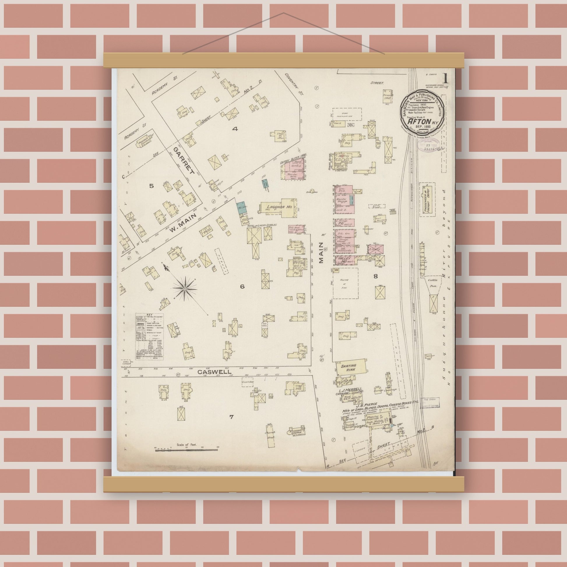 Old map wall art mockup — magnetic wood frame on brick wall — Sanborn Fire Insurance Map from Afton, Chenango County, New York (1885) - Complete Map Set