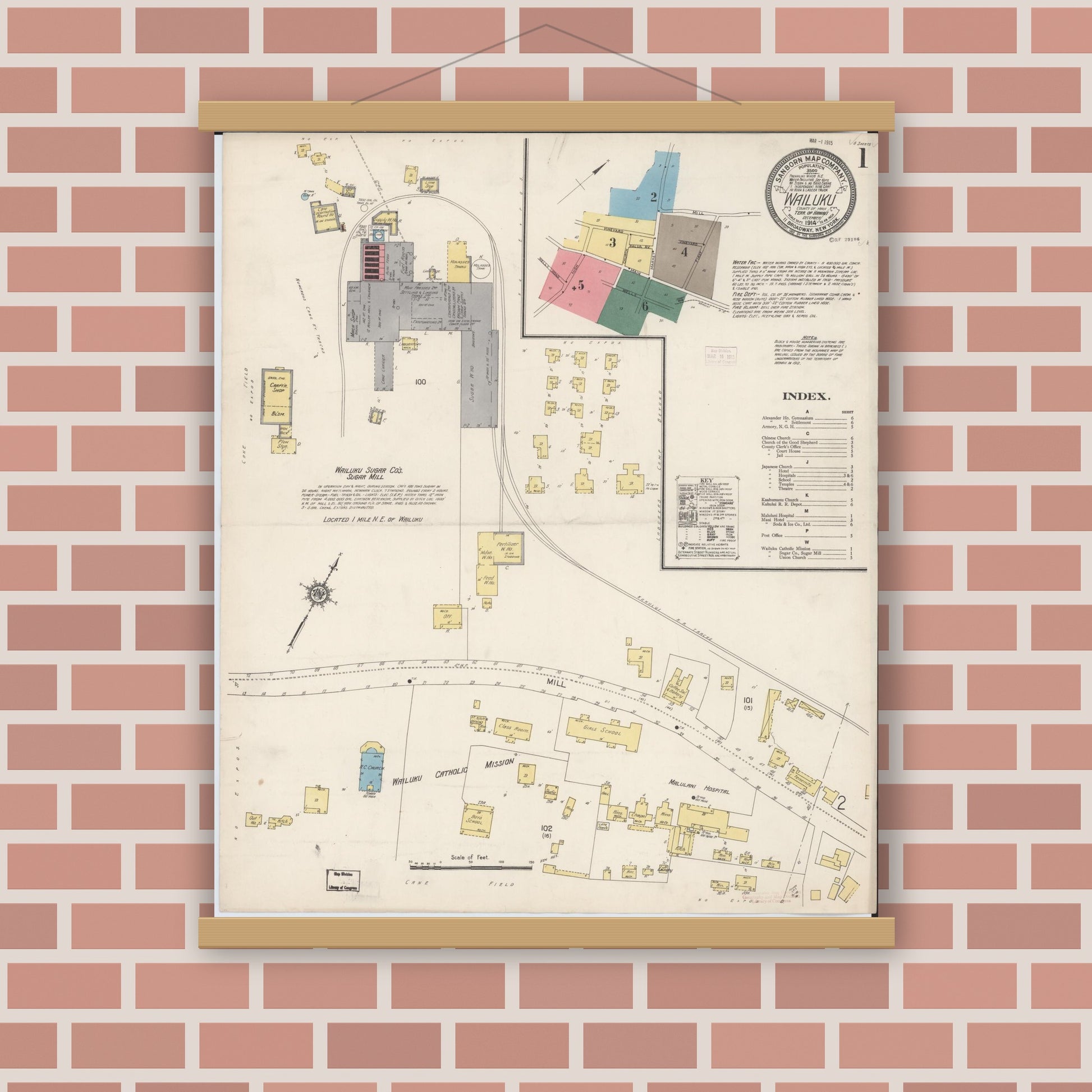 Old map wall art mockup — magnetic wood frame on brick wall — Sanborn Fire Insurance Map from Wailuku, Maui County, Hawaii (1914) - Complete Map Set