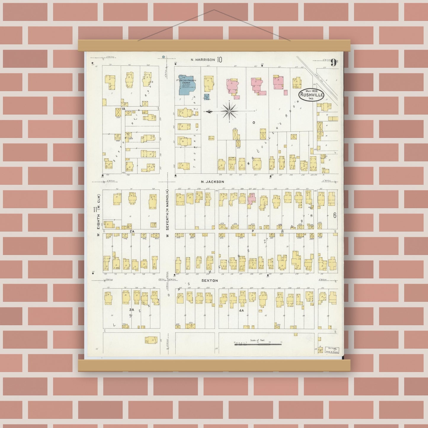 Old map wall art mockup — magnetic wood frame on brick wall — Sanborn Fire Insurance Map from Rushville, Rush County, Indiana (1908), Sheet #0009