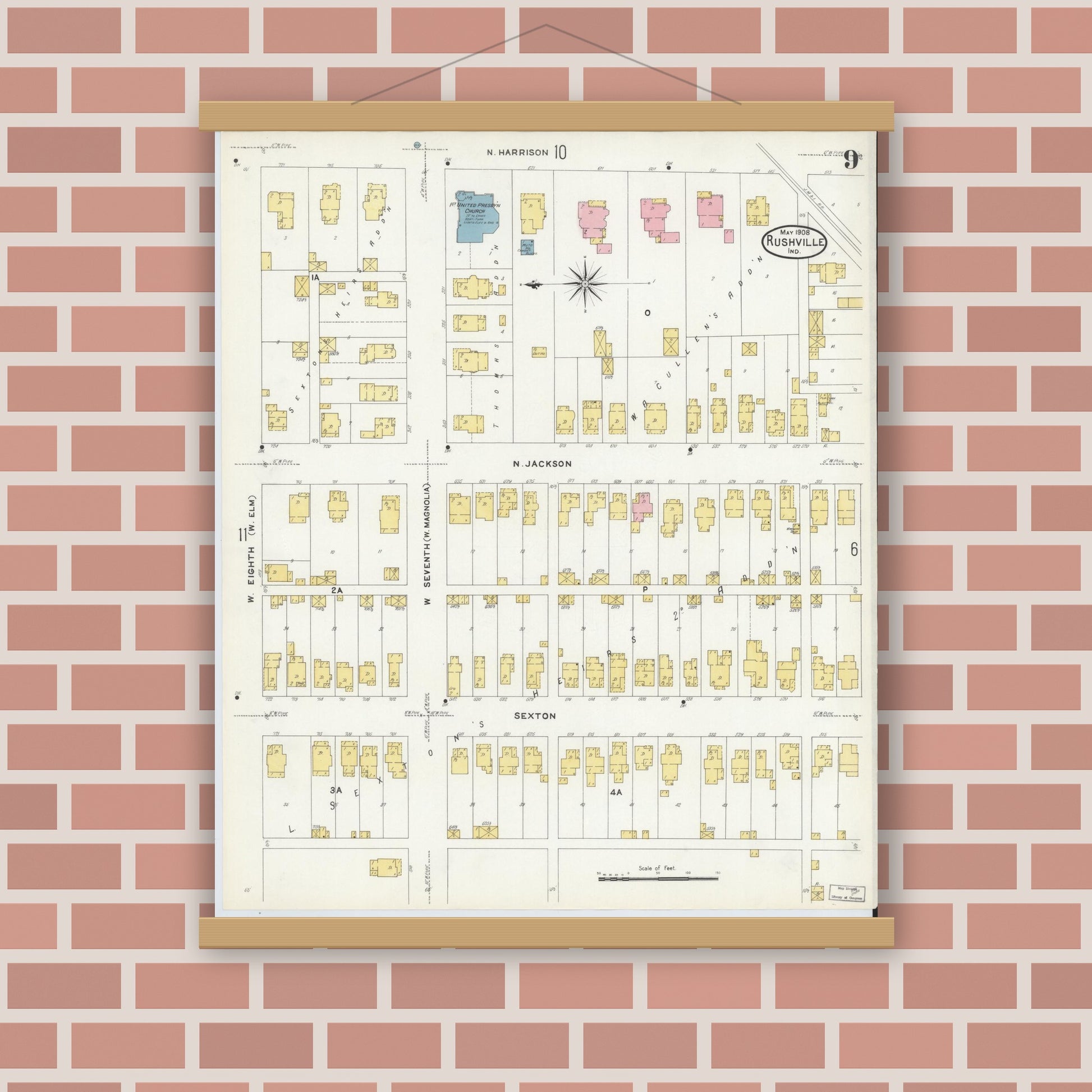 Old map wall art mockup — magnetic wood frame on brick wall — Sanborn Fire Insurance Map from Rushville, Rush County, Indiana (1908), Sheet #0009