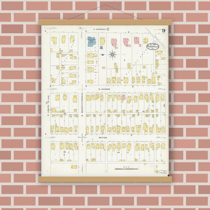 Old map wall art mockup — magnetic wood frame on brick wall — Sanborn Fire Insurance Map from Rushville, Rush County, Indiana (1908), Sheet #0009