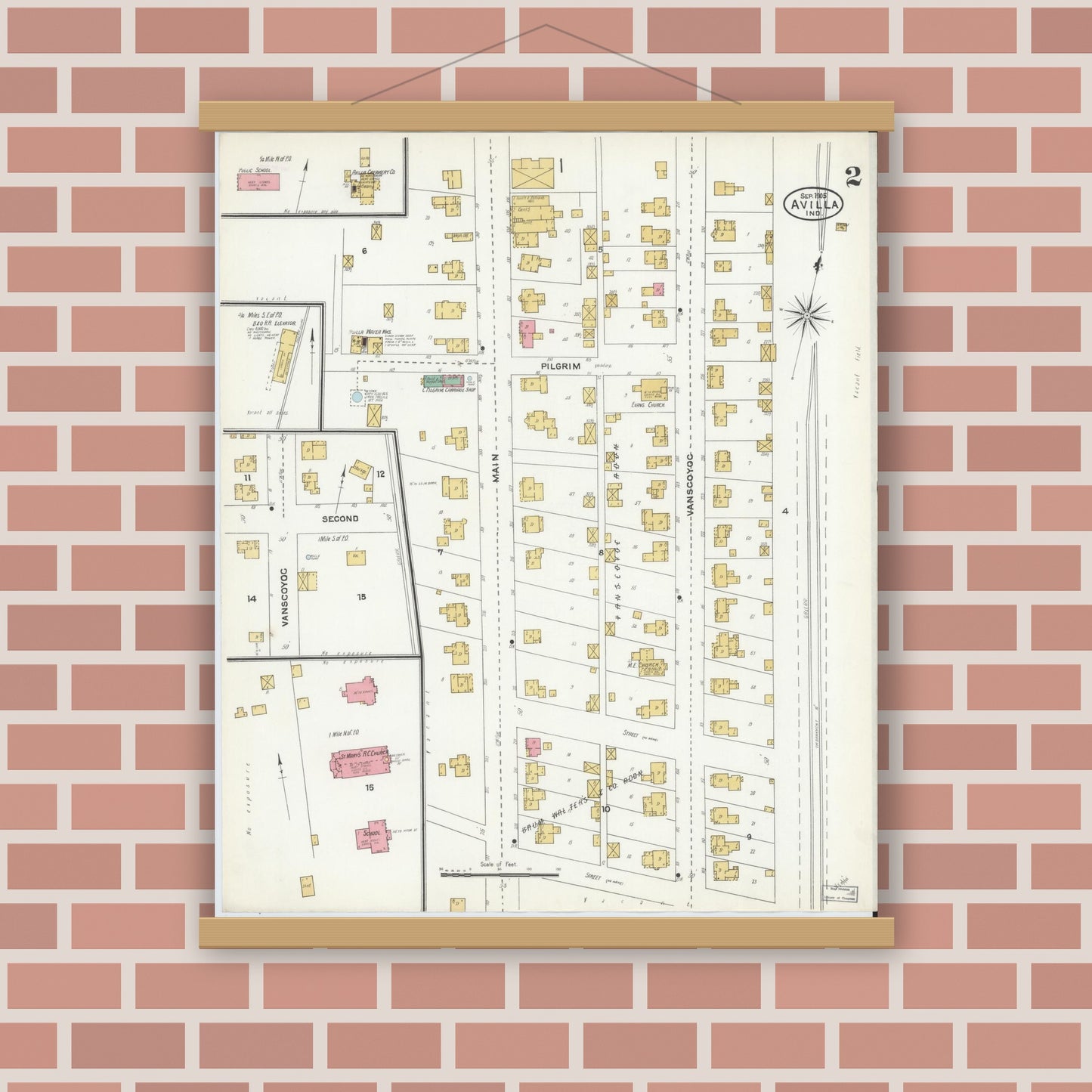 Old map wall art mockup — magnetic wood frame on brick wall — Sanborn Fire Insurance Map from Avilla, Noble County, Indiana (1905), Sheet #0002