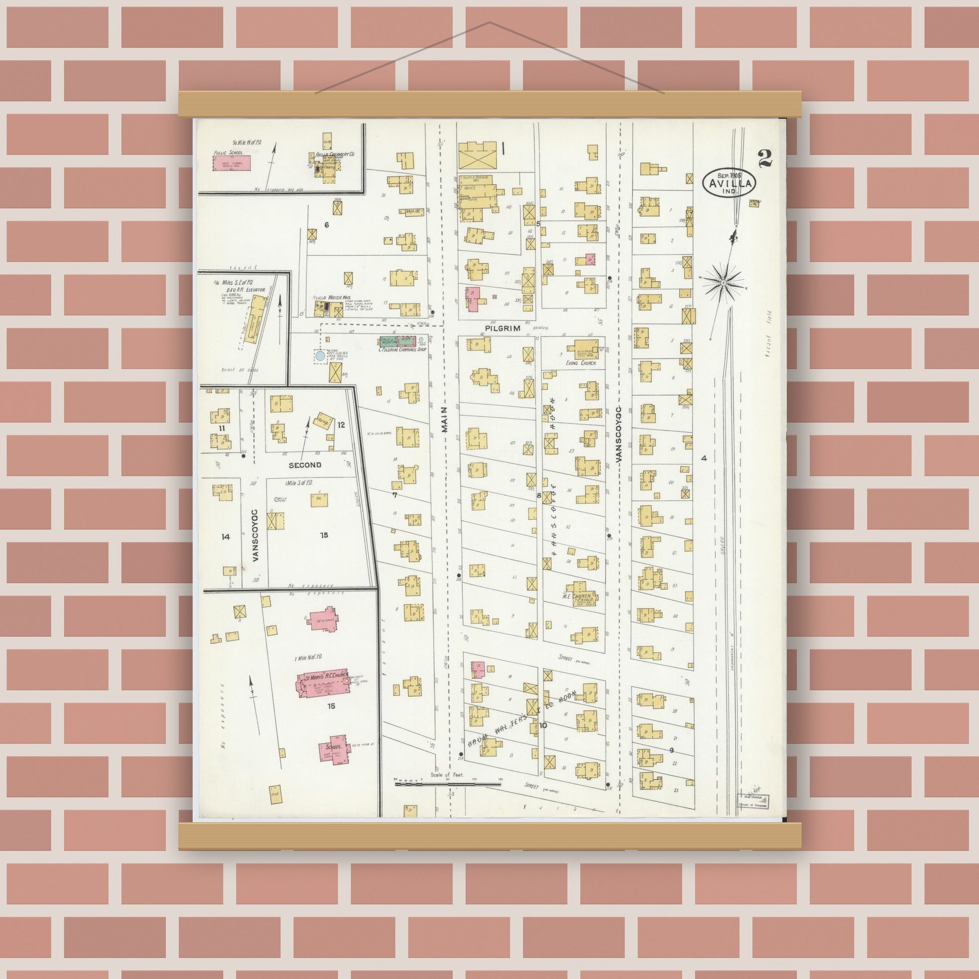 Old map wall art mockup — magnetic wood frame on brick wall — Sanborn Fire Insurance Map from Avilla, Noble County, Indiana (1905), Sheet #0002