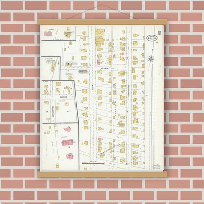 Old map wall art mockup — magnetic wood frame on brick wall — Sanborn Fire Insurance Map from Avilla, Noble County, Indiana (1905), Sheet #0002
