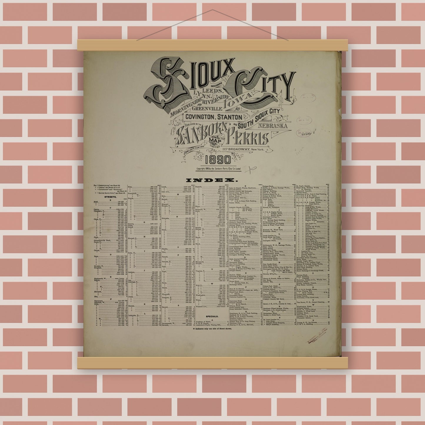 Old map wall art mockup — magnetic wood frame on brick wall — Sanborn Fire Insurance Map from Sioux City, Woodbury County, Iowa (1890), Sheet #0001