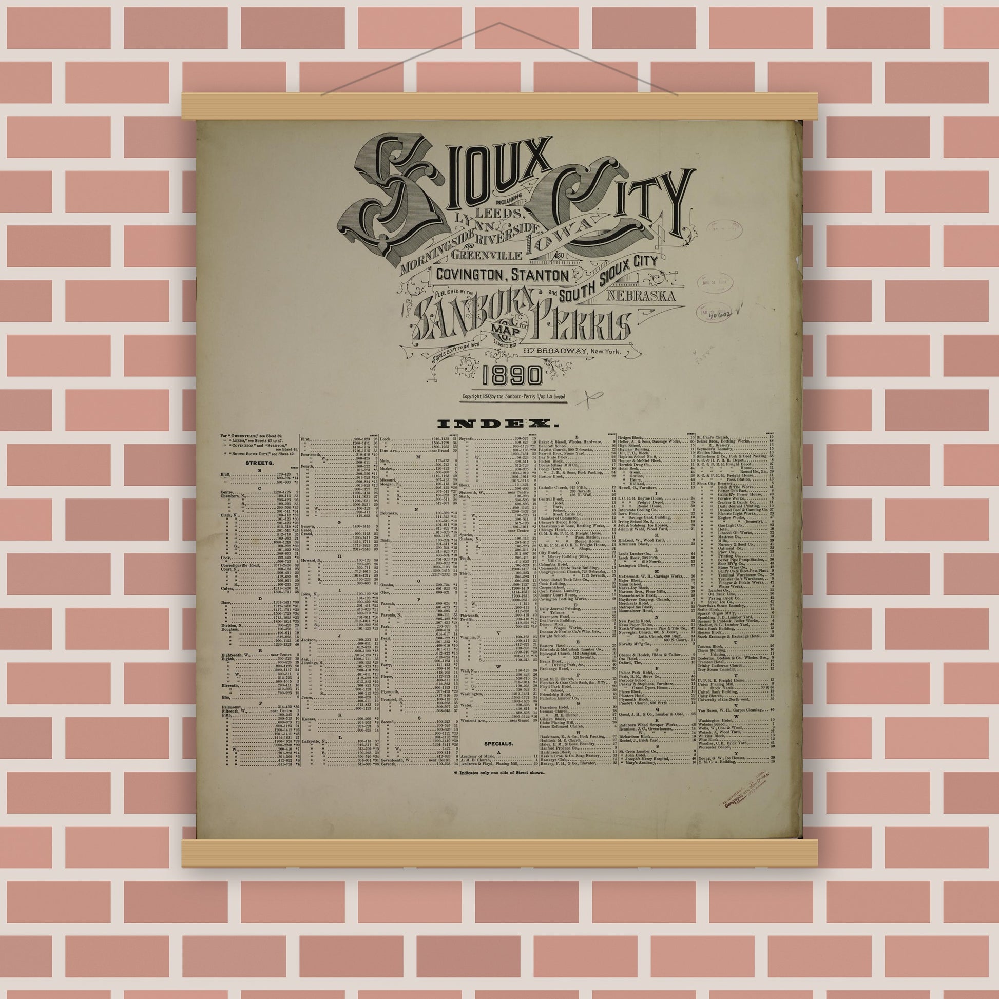 Old map wall art mockup — magnetic wood frame on brick wall — Sanborn Fire Insurance Map from Sioux City, Woodbury County, Iowa (1890), Sheet #0001