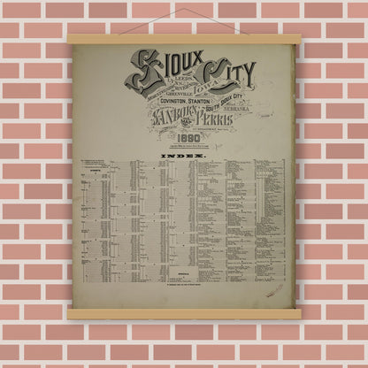 Old map wall art mockup — magnetic wood frame on brick wall — Sanborn Fire Insurance Map from Sioux City, Woodbury County, Iowa (1890), Sheet #0001