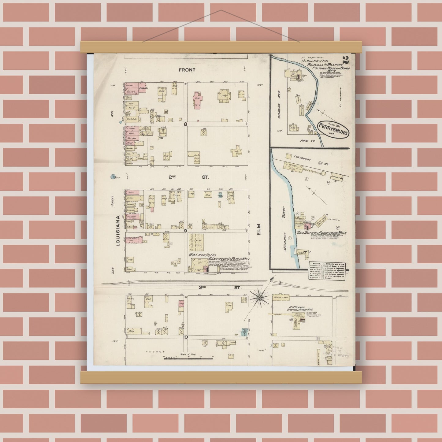 Old map wall art mockup — magnetic wood frame on brick wall — Sanborn Fire Insurance Map from Perrysburg, Wood County, Ohio (1884), Sheet #0002