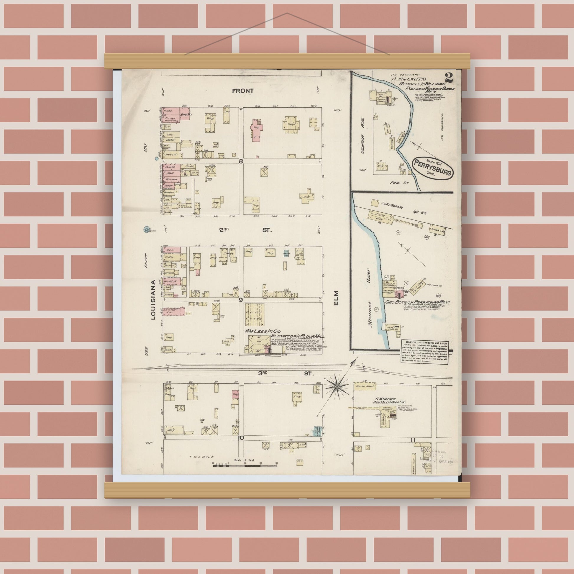 Old map wall art mockup — magnetic wood frame on brick wall — Sanborn Fire Insurance Map from Perrysburg, Wood County, Ohio (1884), Sheet #0002