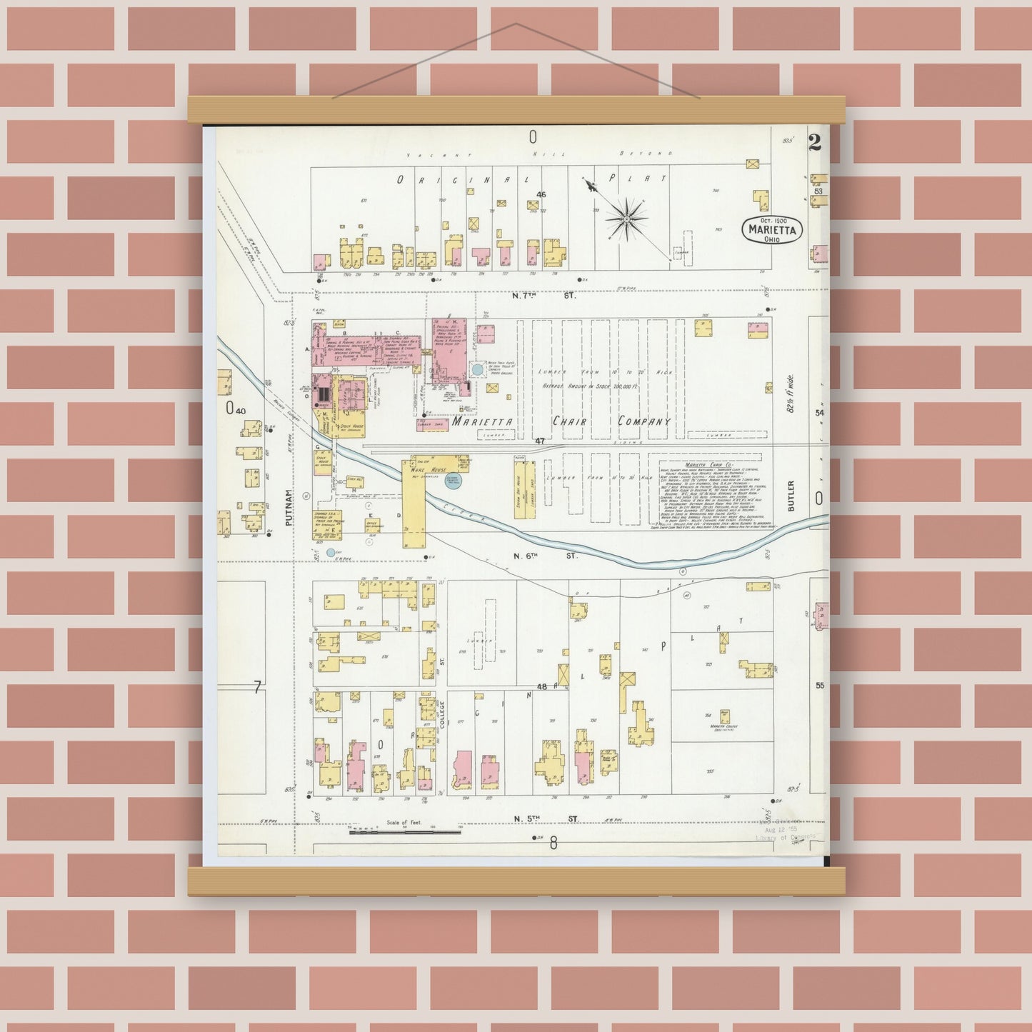 Old map wall art mockup — magnetic wood frame on brick wall — Sanborn Fire Insurance Map from Marietta, Washington County, Ohio (1900), Sheet #0002