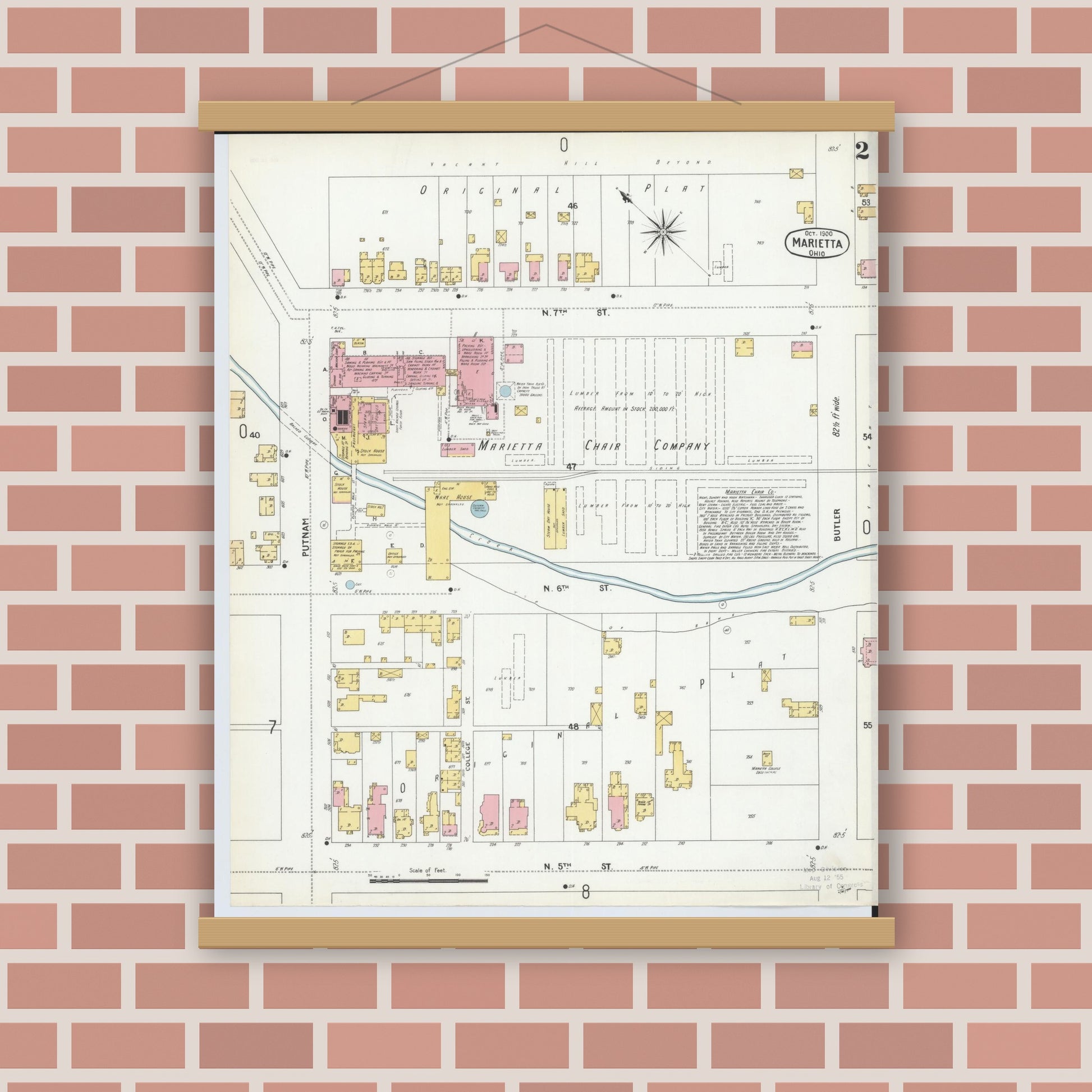 Old map wall art mockup — magnetic wood frame on brick wall — Sanborn Fire Insurance Map from Marietta, Washington County, Ohio (1900), Sheet #0002
