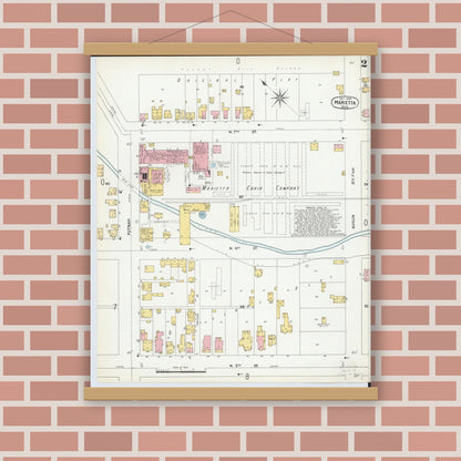 Old map wall art mockup — magnetic wood frame on brick wall — Sanborn Fire Insurance Map from Marietta, Washington County, Ohio (1900), Sheet #0002