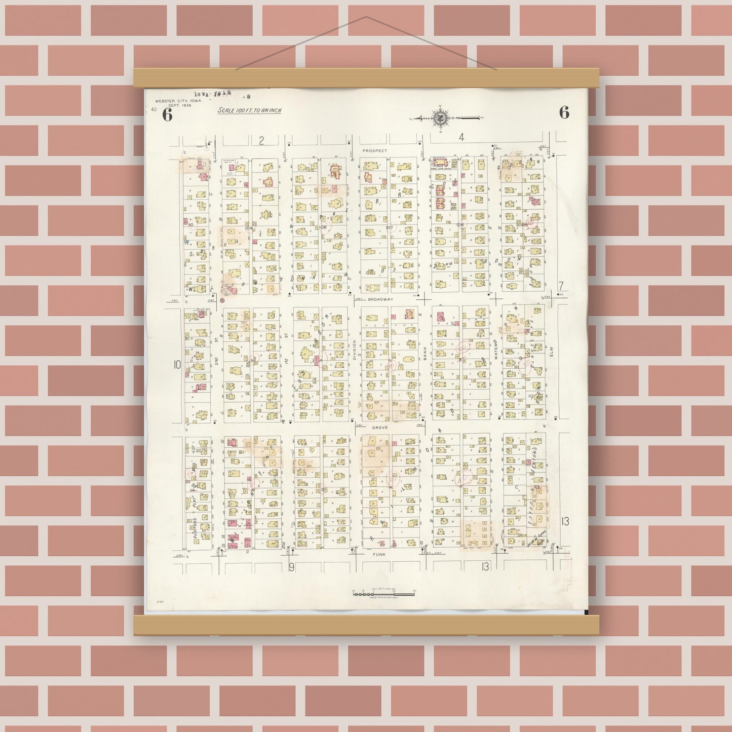 Old map wall art mockup — magnetic wood frame on brick wall — Sanborn Fire Insurance Map from Webster City, Hamilton County, Iowa (1950), Sheet #0006