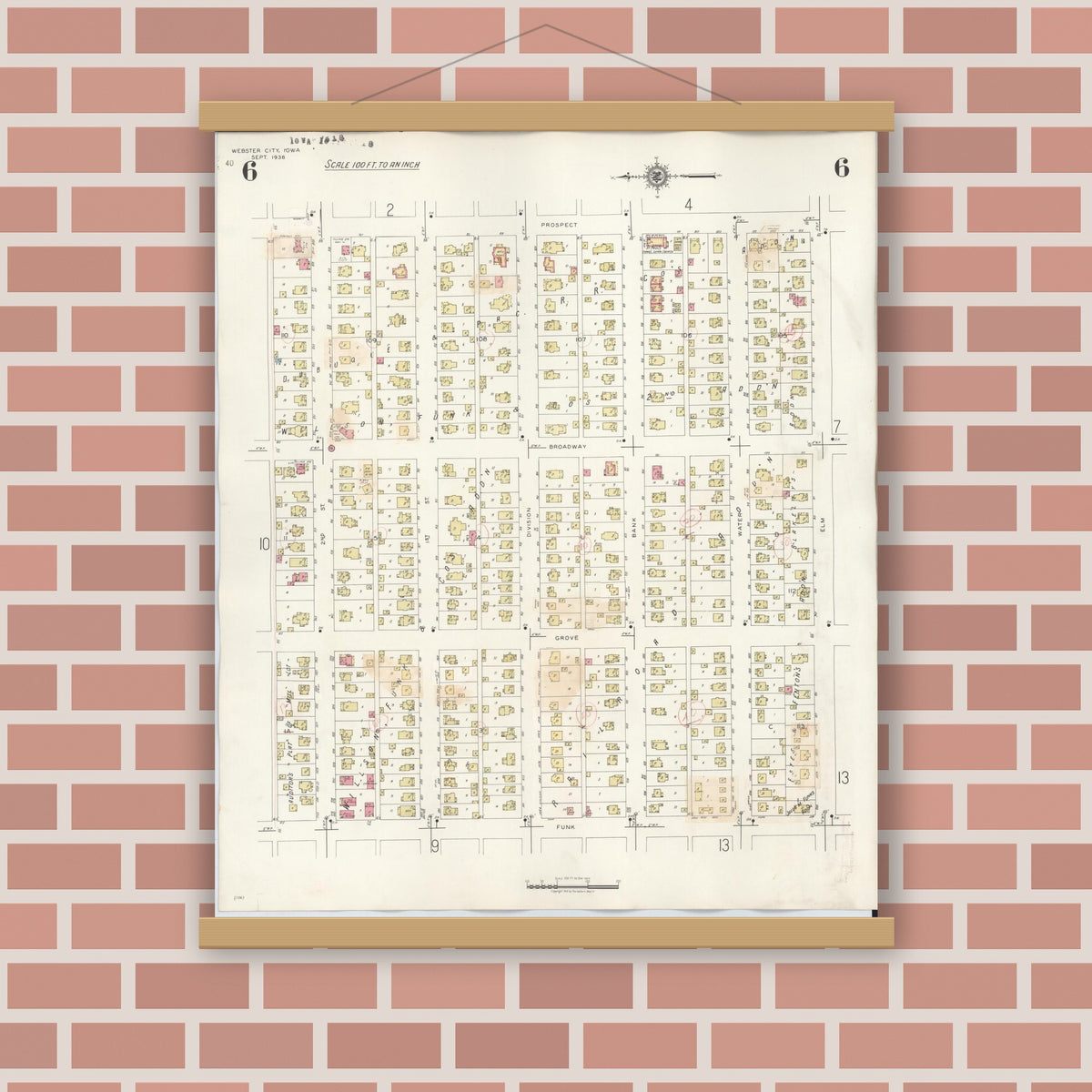 Old map wall art mockup — magnetic wood frame on brick wall — Sanborn Fire Insurance Map from Webster City, Hamilton County, Iowa (1950), Sheet #0006