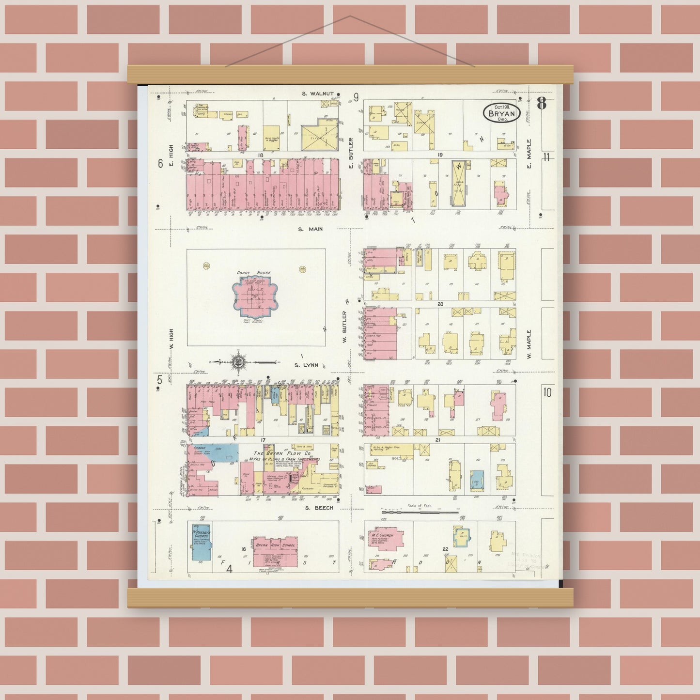 Old map wall art mockup — magnetic wood frame on brick wall — Sanborn Fire Insurance Map from Bryan, Williams County, Ohio (1911), Sheet #0008