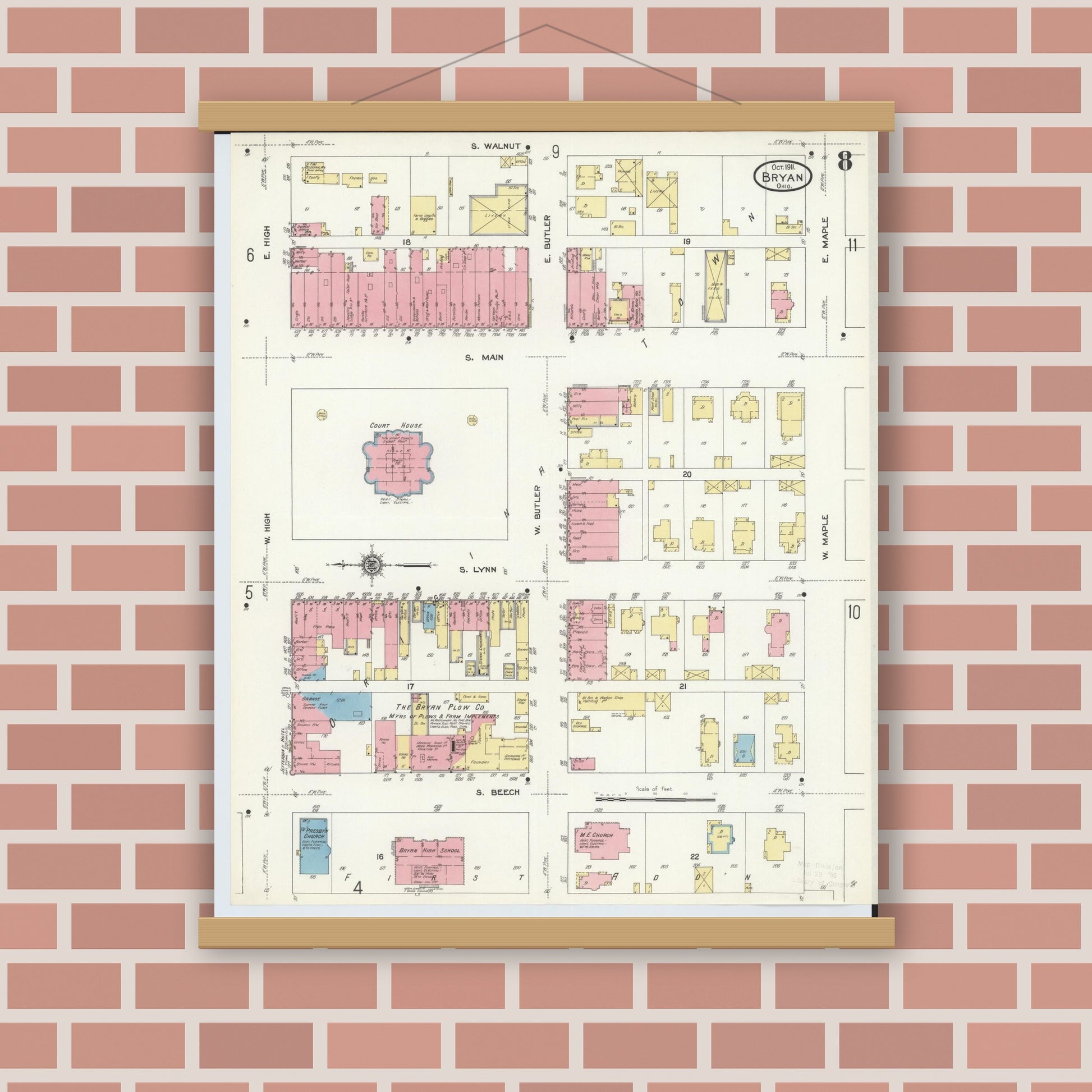 Old map wall art mockup — magnetic wood frame on brick wall — Sanborn Fire Insurance Map from Bryan, Williams County, Ohio (1911), Sheet #0008