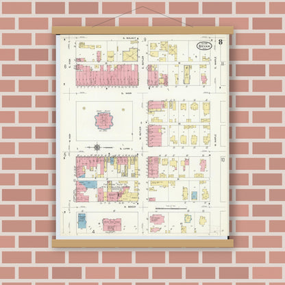 Old map wall art mockup — magnetic wood frame on brick wall — Sanborn Fire Insurance Map from Bryan, Williams County, Ohio (1911), Sheet #0008