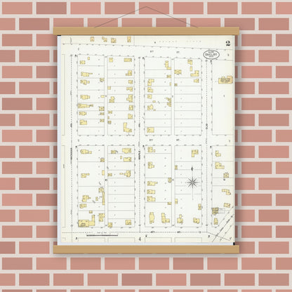 Old map wall art mockup — magnetic wood frame on brick wall — Sanborn Fire Insurance Map from Shelby, Oceana County, Michigan (1900), Sheet #0002