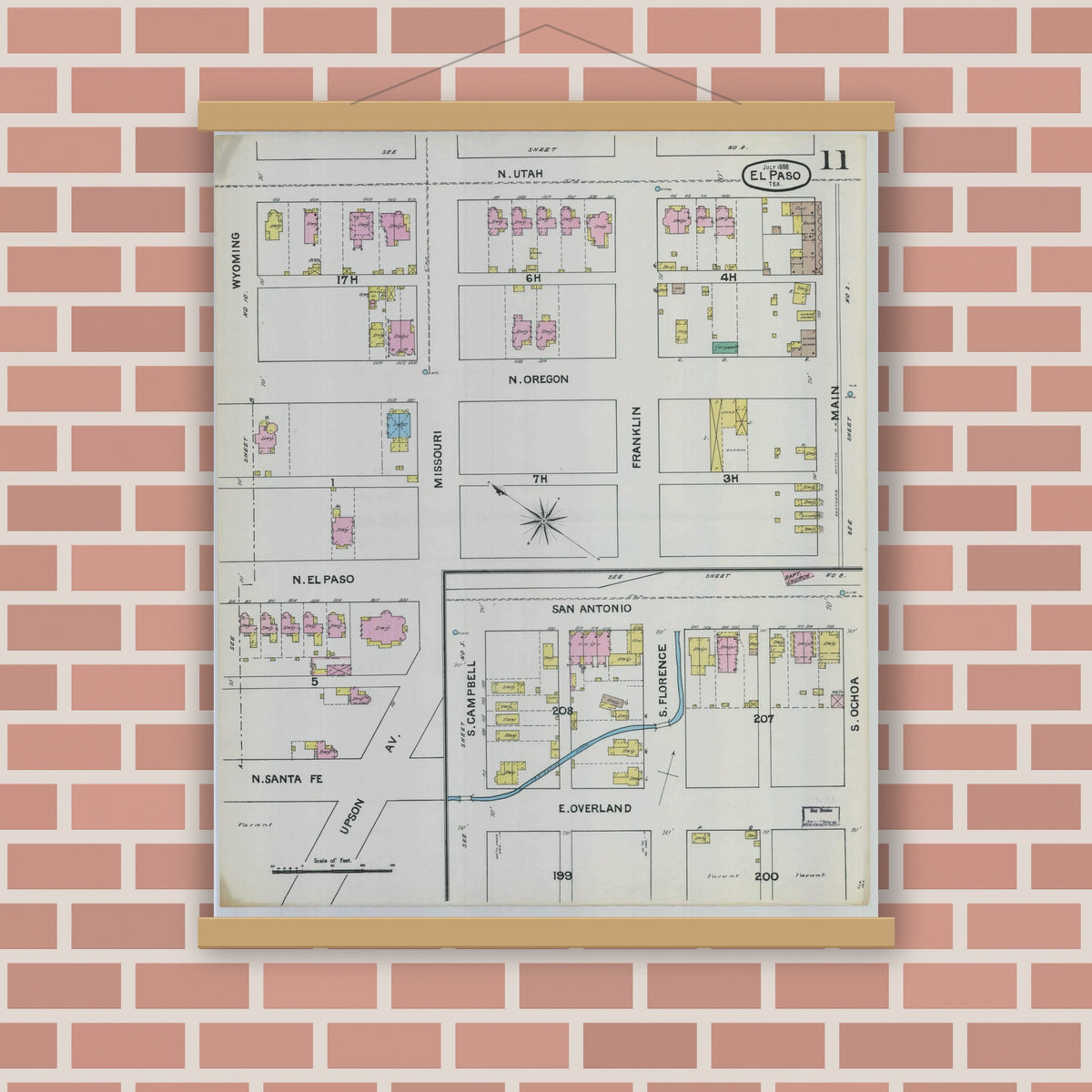 Old map wall art mockup — magnetic wood frame on brick wall — Sanborn Fire Insurance Map from El Paso, El Paso County, Texas (1888), Sheet #0011
