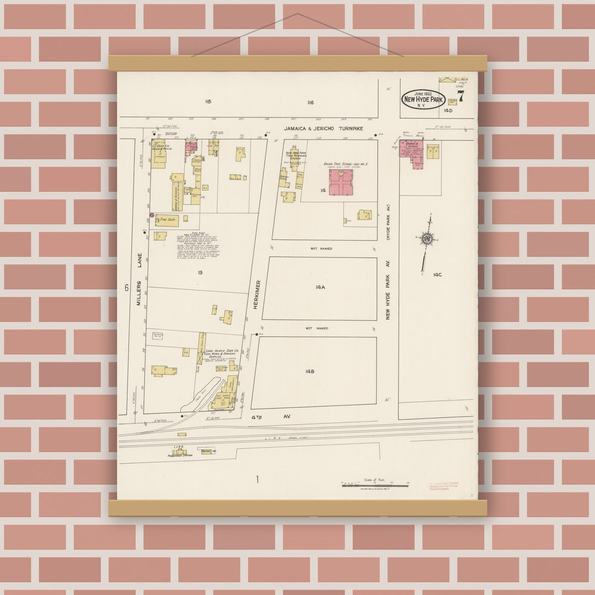 Old map wall art mockup — magnetic wood frame on brick wall — Sanborn Fire Insurance Map from New Hyde Park, Nassau County, New York (1922), Sheet #0007