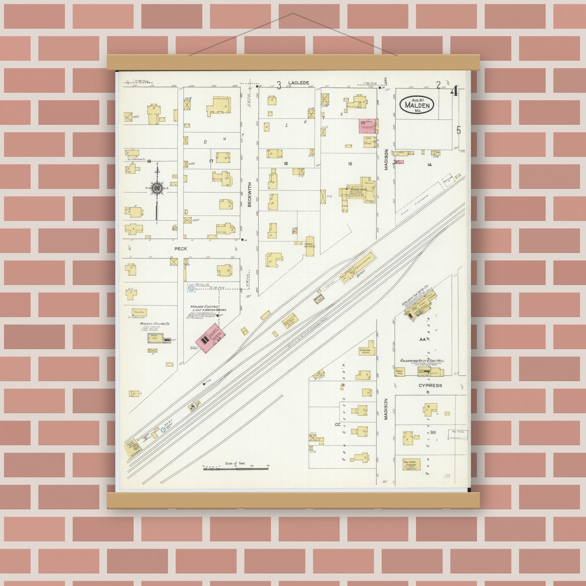 Old map wall art mockup — magnetic wood frame on brick wall — Sanborn Fire Insurance Map from Malden, Dunklin County, Missouri (1911), Sheet #0004