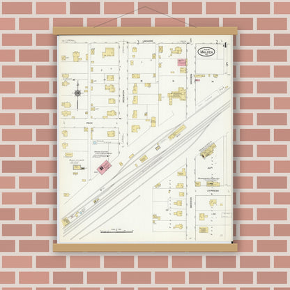 Old map wall art mockup — magnetic wood frame on brick wall — Sanborn Fire Insurance Map from Malden, Dunklin County, Missouri (1911), Sheet #0004