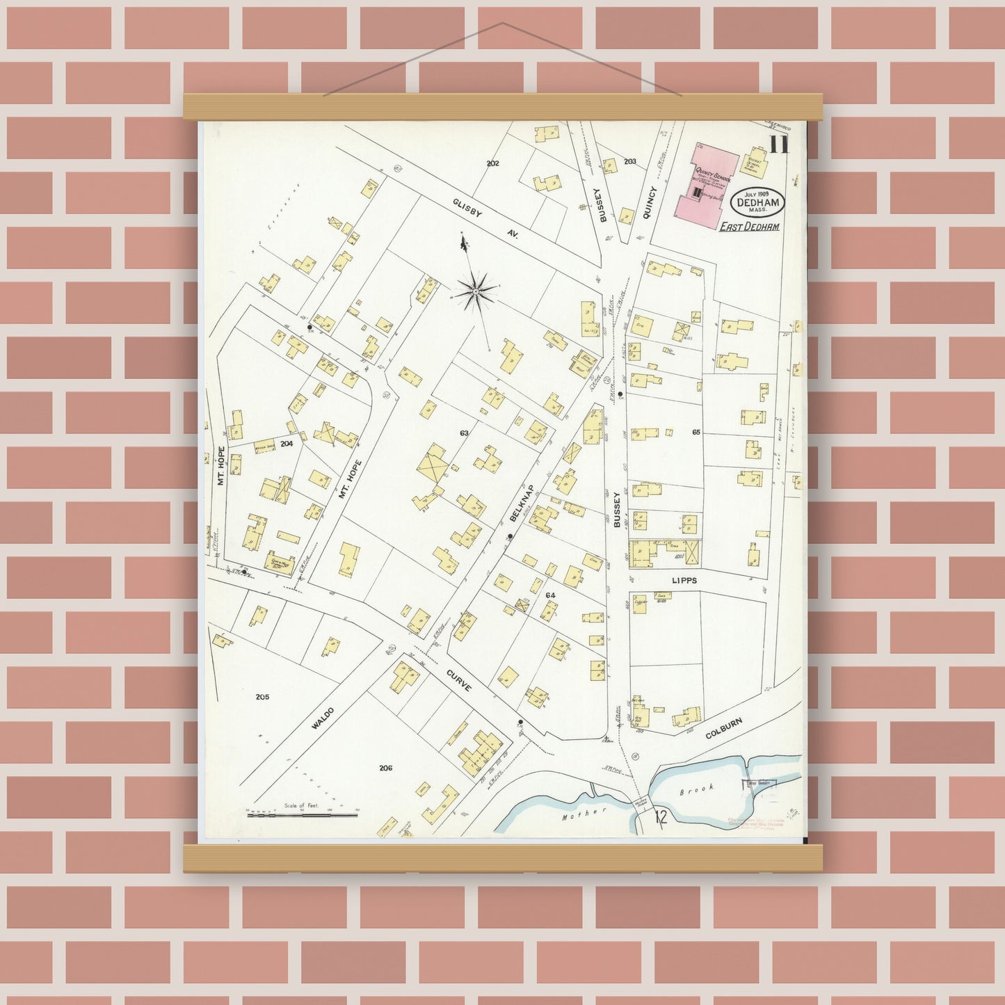 Old map wall art mockup — magnetic wood frame on brick wall — Sanborn Fire Insurance Map from Dedham, Norfolk County, Massachusetts (1909), Sheet #0011