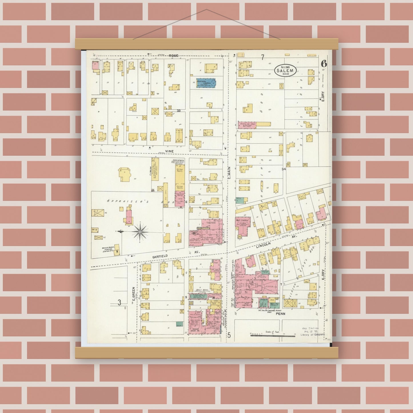 Old map wall art mockup — magnetic wood frame on brick wall — Sanborn Fire Insurance Map from Salem, Columbiana County, Ohio (1903), Sheet #0006