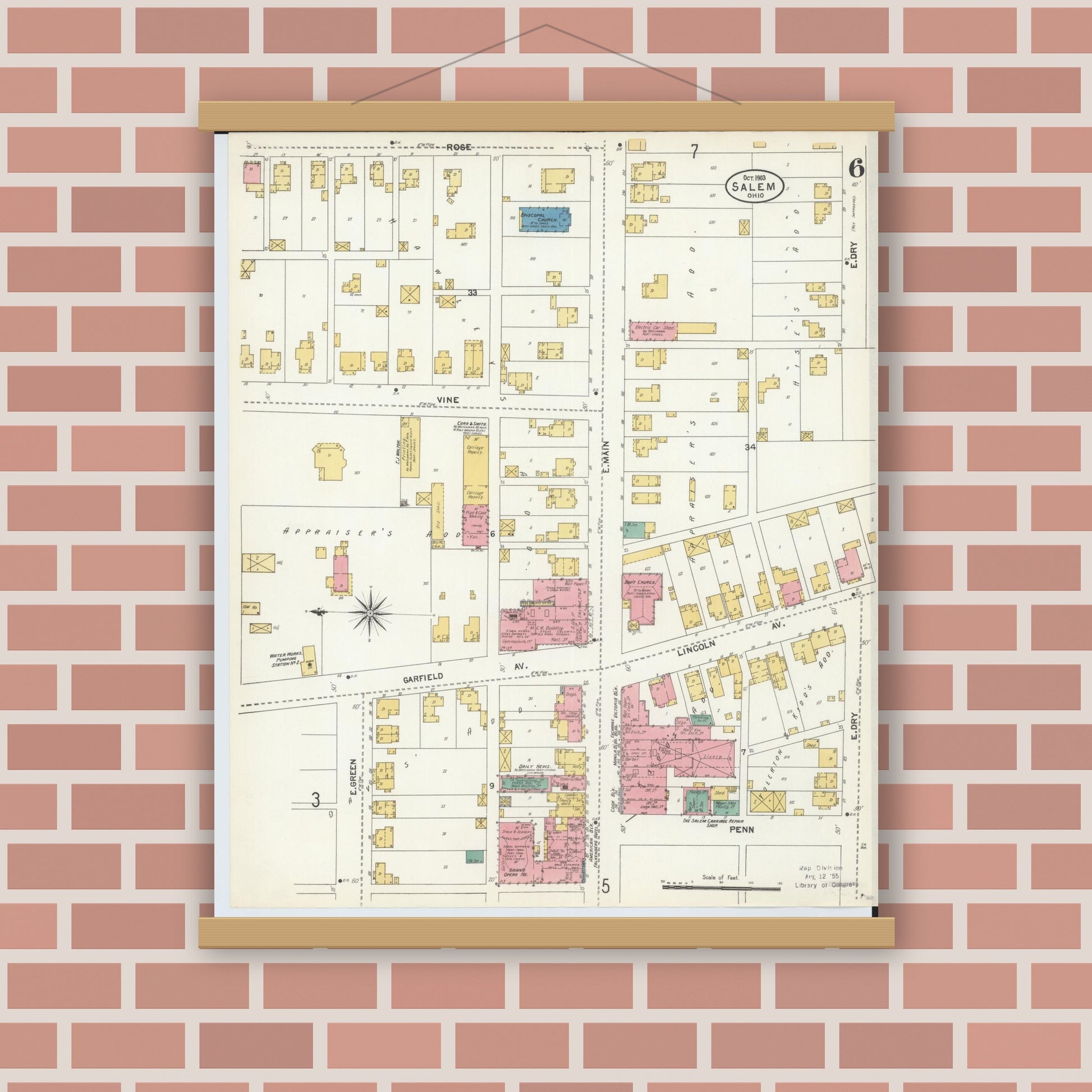 Old map wall art mockup — magnetic wood frame on brick wall — Sanborn Fire Insurance Map from Salem, Columbiana County, Ohio (1903), Sheet #0006