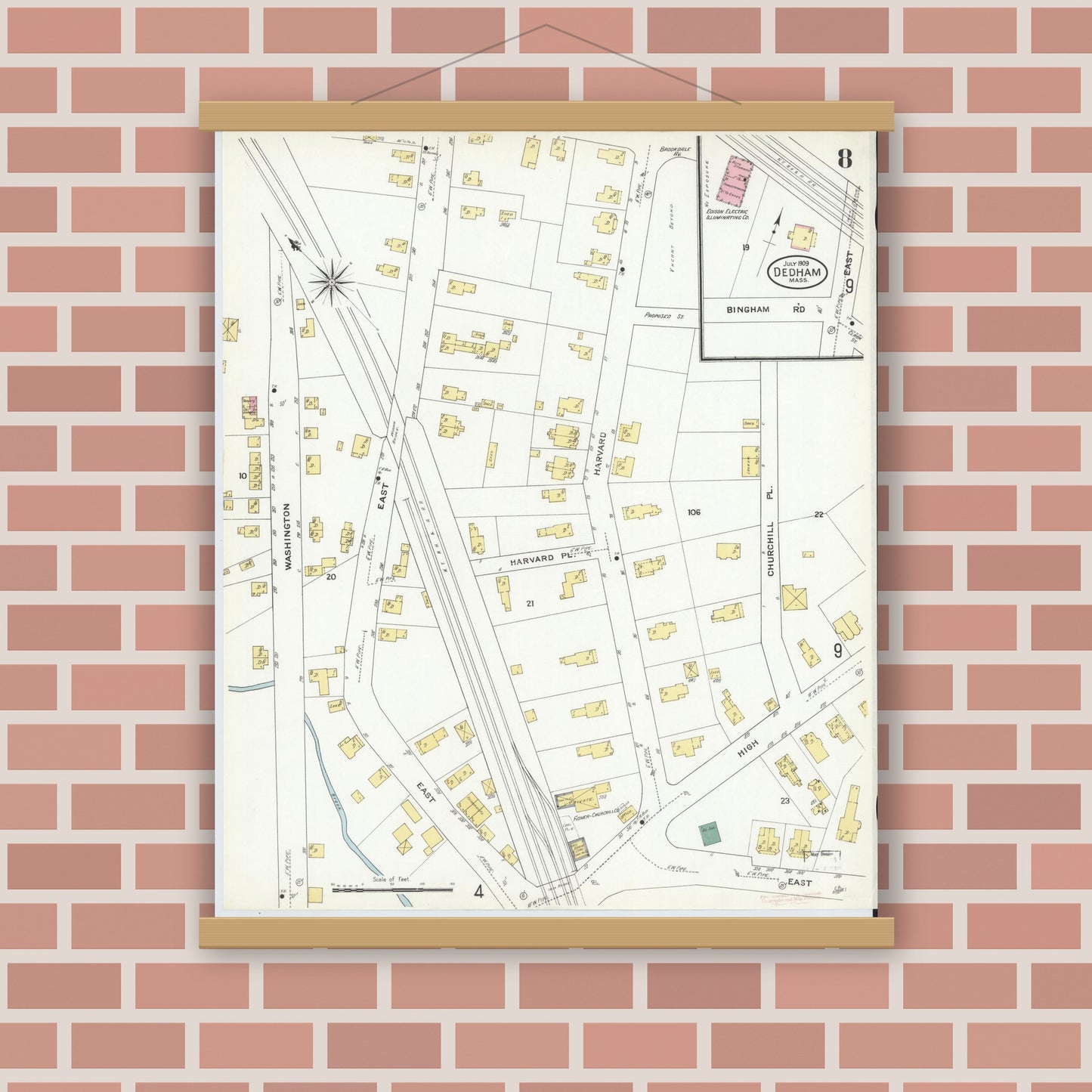 Old map wall art mockup — magnetic wood frame on brick wall — Sanborn Fire Insurance Map from Dedham, Norfolk County, Massachusetts (1909), Sheet #0008