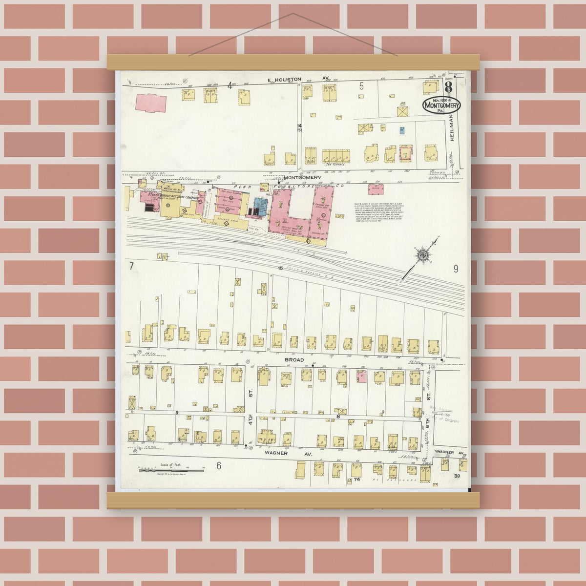 Old map wall art mockup — magnetic wood frame on brick wall — Sanborn Fire Insurance Map from Montgomery, Lycoming County, Pennsylvania (1920), Sheet #0008