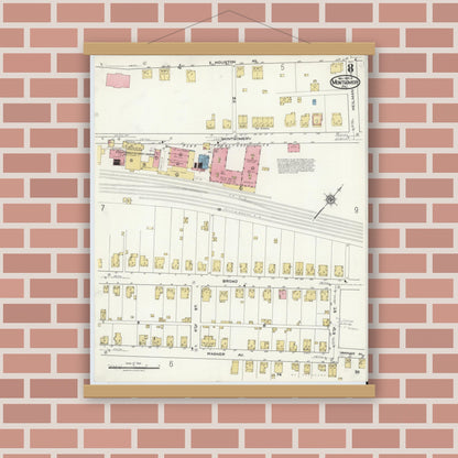 Old map wall art mockup — magnetic wood frame on brick wall — Sanborn Fire Insurance Map from Montgomery, Lycoming County, Pennsylvania (1920), Sheet #0008