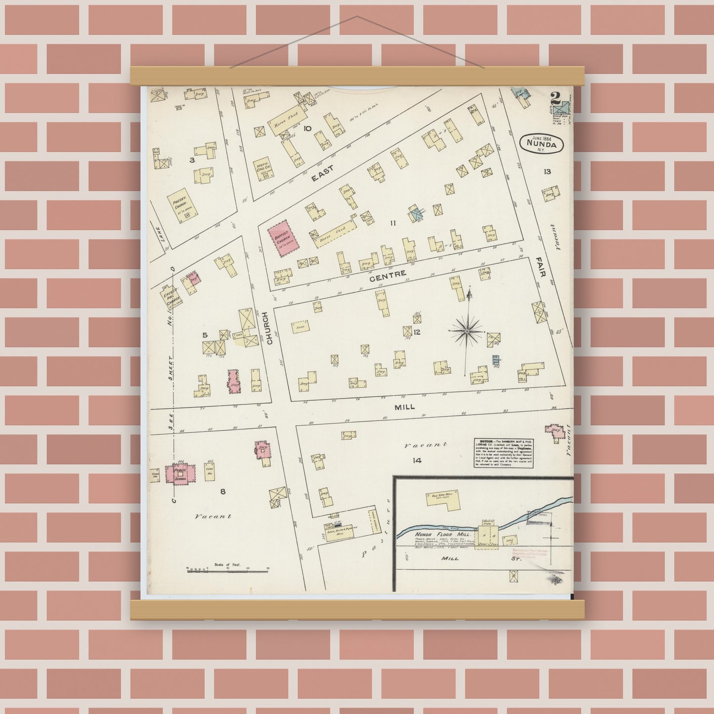Old map wall art mockup — magnetic wood frame on brick wall — Sanborn Fire Insurance Map from Nunda, Livingston County, New York (1884), Sheet #0002