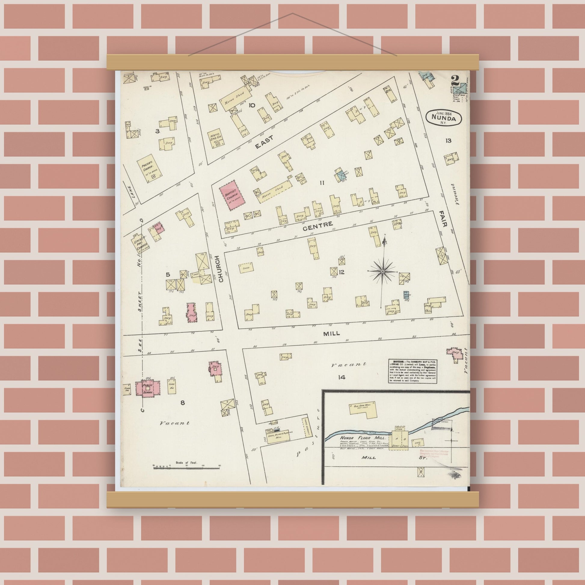 Old map wall art mockup — magnetic wood frame on brick wall — Sanborn Fire Insurance Map from Nunda, Livingston County, New York (1884), Sheet #0002