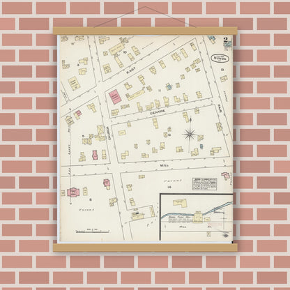 Old map wall art mockup — magnetic wood frame on brick wall — Sanborn Fire Insurance Map from Nunda, Livingston County, New York (1884), Sheet #0002