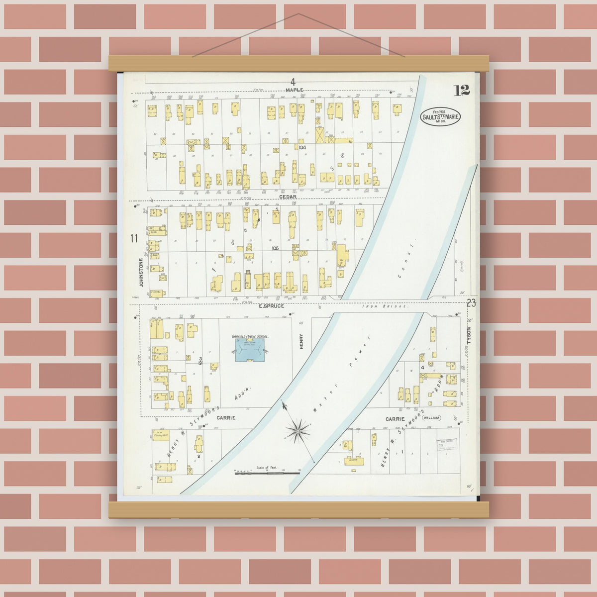 Old map wall art mockup — magnetic wood frame on brick wall — Sanborn Fire Insurance Map from Sault Sainte Marie, Chippewa County, Michigan (1902), Sheet #0012