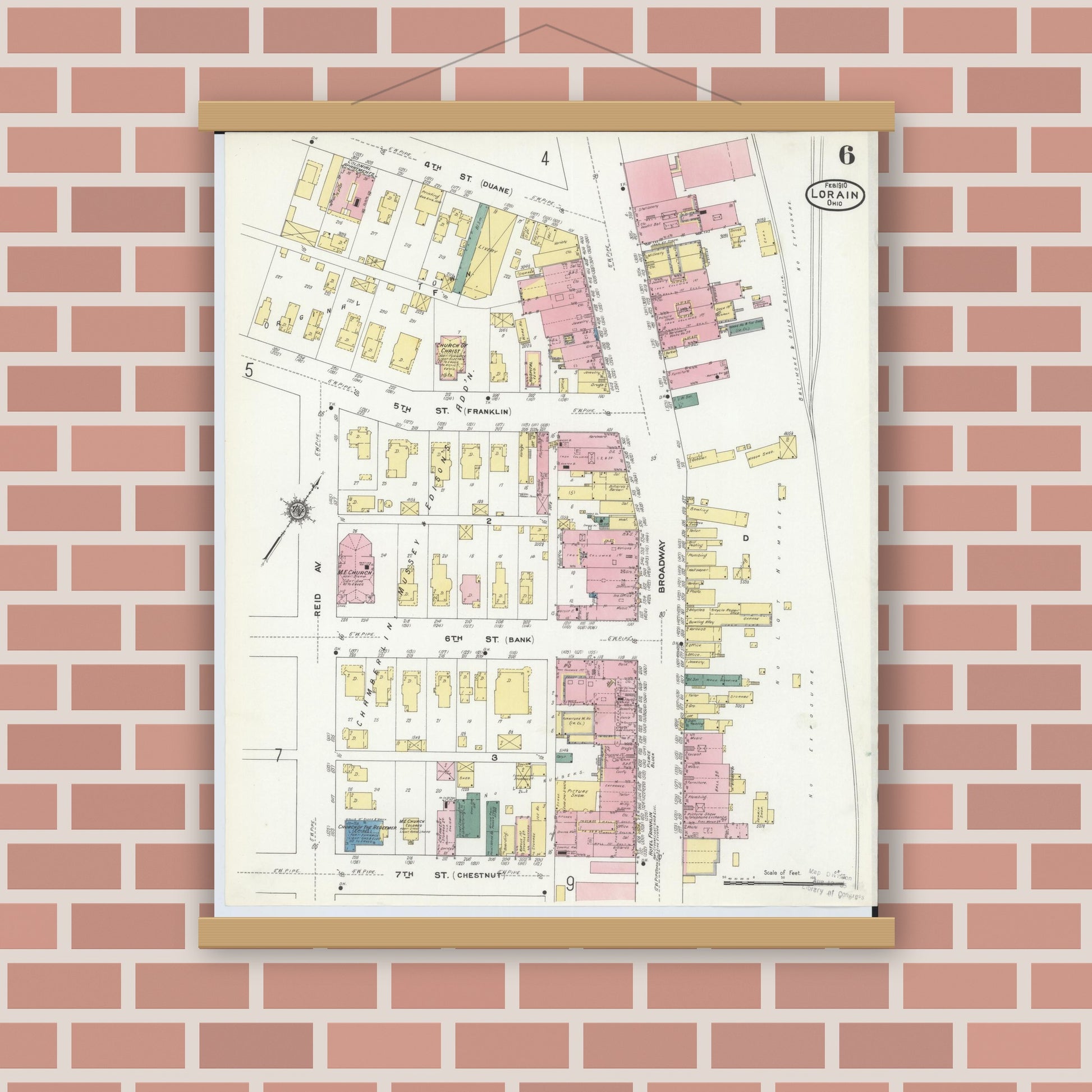 Old map wall art mockup — magnetic wood frame on brick wall — Sanborn Fire Insurance Map from Lorain, Lorain County, Ohio (1910), Sheet #0006