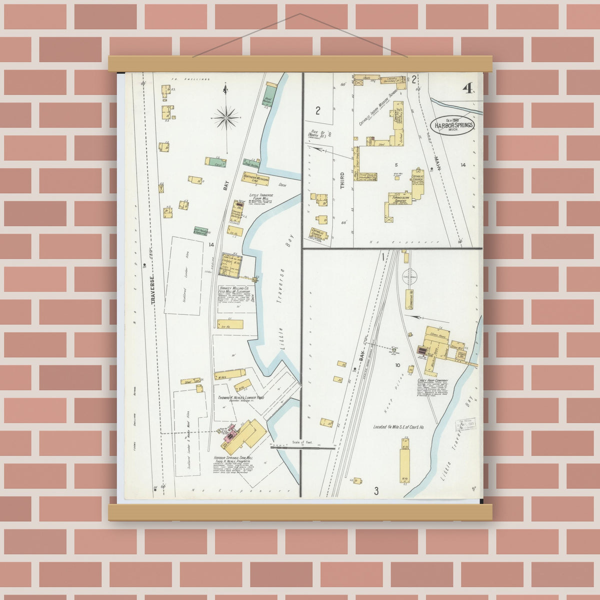 Old map wall art mockup — magnetic wood frame on brick wall — Sanborn Fire Insurance Map from Harbor Springs, Emmet County, Michigan (1900), Sheet #0004