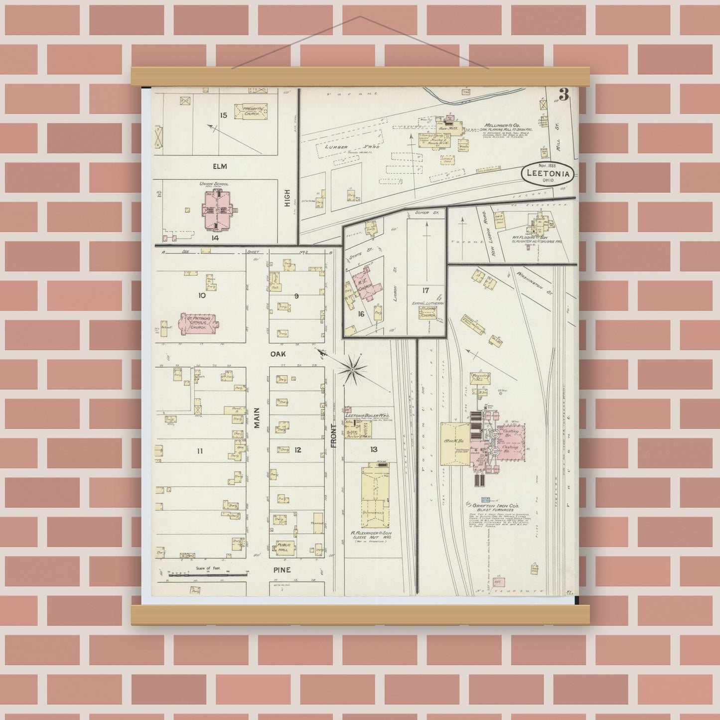 Old map wall art mockup — magnetic wood frame on brick wall — Sanborn Fire Insurance Map from Leetonia, Columbiana County, Ohio (1888), Sheet #0003