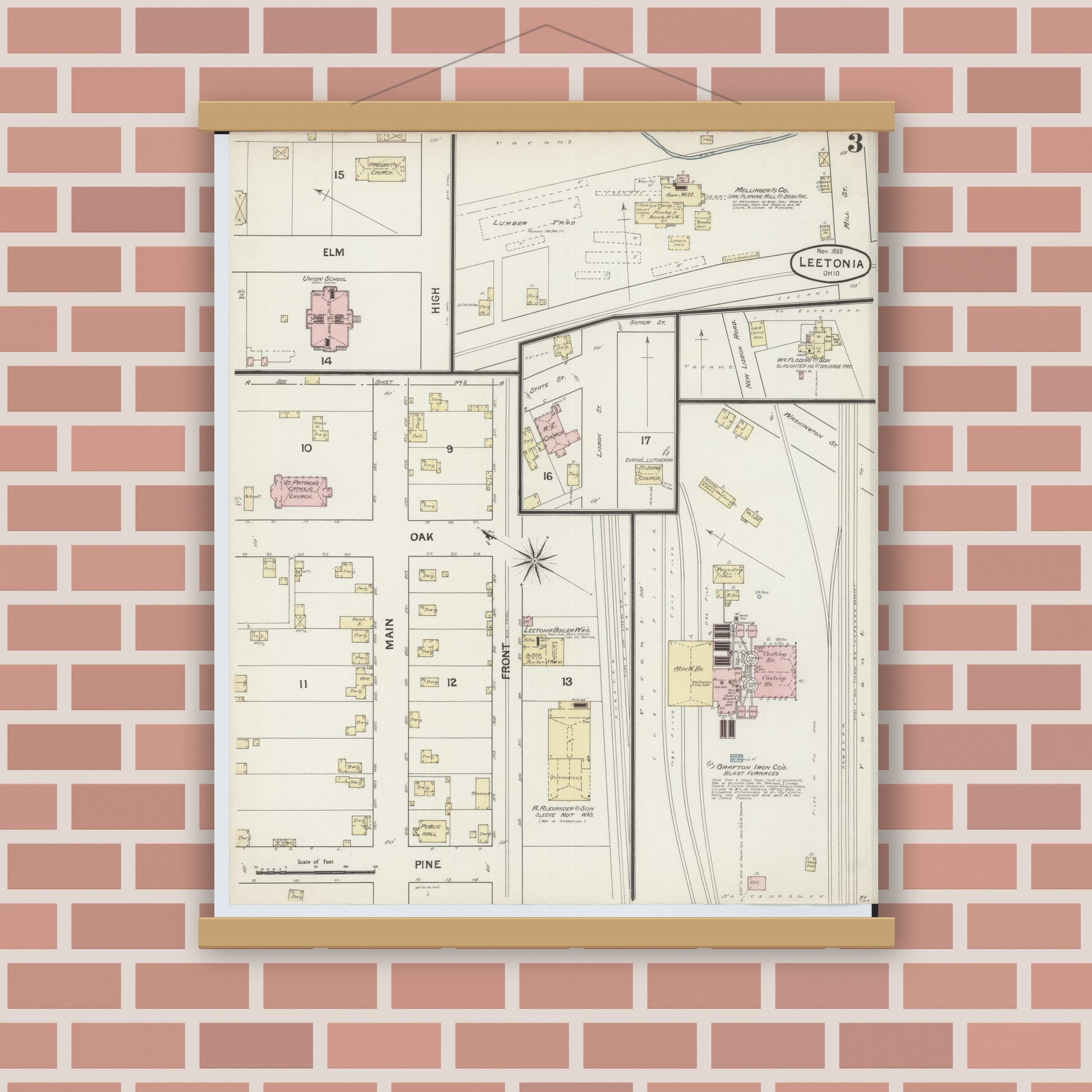 Old map wall art mockup — magnetic wood frame on brick wall — Sanborn Fire Insurance Map from Leetonia, Columbiana County, Ohio (1888), Sheet #0003