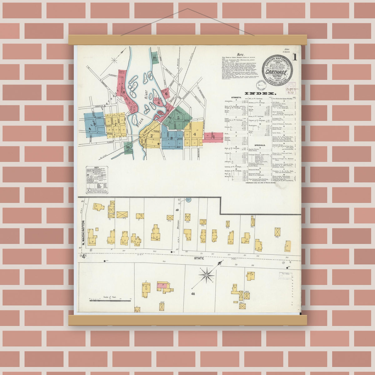 Old map wall art mockup — magnetic wood frame on brick wall — Sanborn Fire Insurance Map from Carthage, Jefferson County, New York (1902) - Complete Map Set