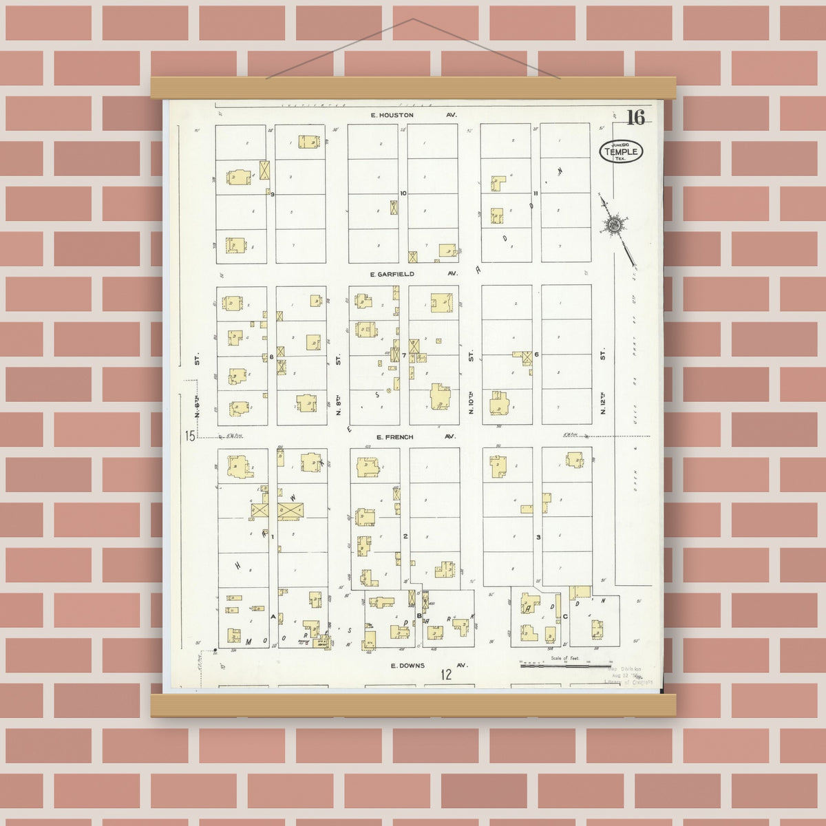 Old map wall art mockup — magnetic wood frame on brick wall — Sanborn Fire Insurance Map from Temple, Bell County, Texas (1910), Sheet #0016