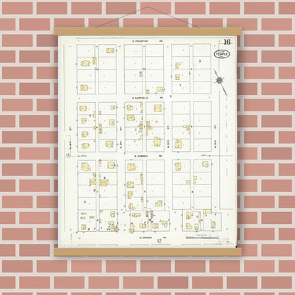 Old map wall art mockup — magnetic wood frame on brick wall — Sanborn Fire Insurance Map from Temple, Bell County, Texas (1910), Sheet #0016
